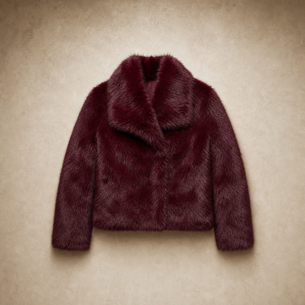 Faux Fur Short Coat Lapel Collar Wine Red Wine Red – Flat Lay Product Photo