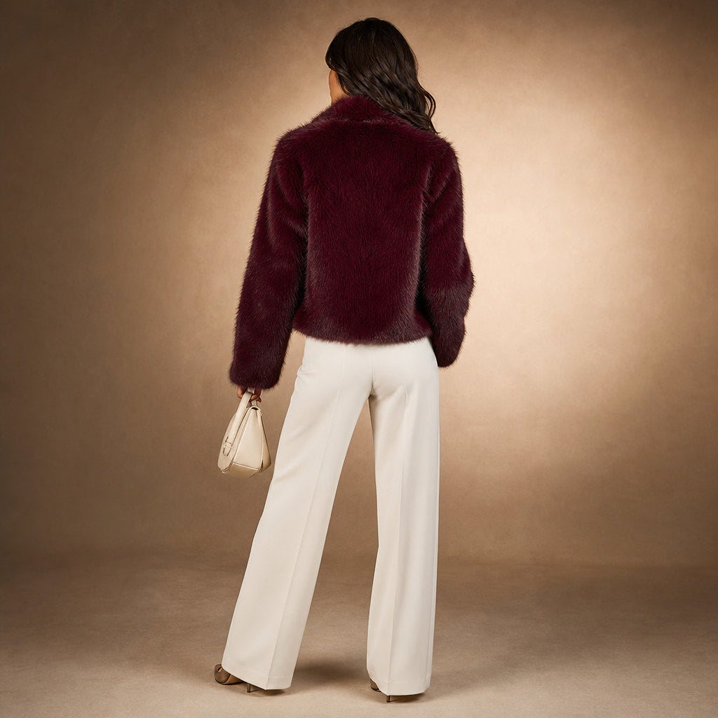 Faux Fur Short Coat Lapel Collar Wine Red Wine Red – Full Look