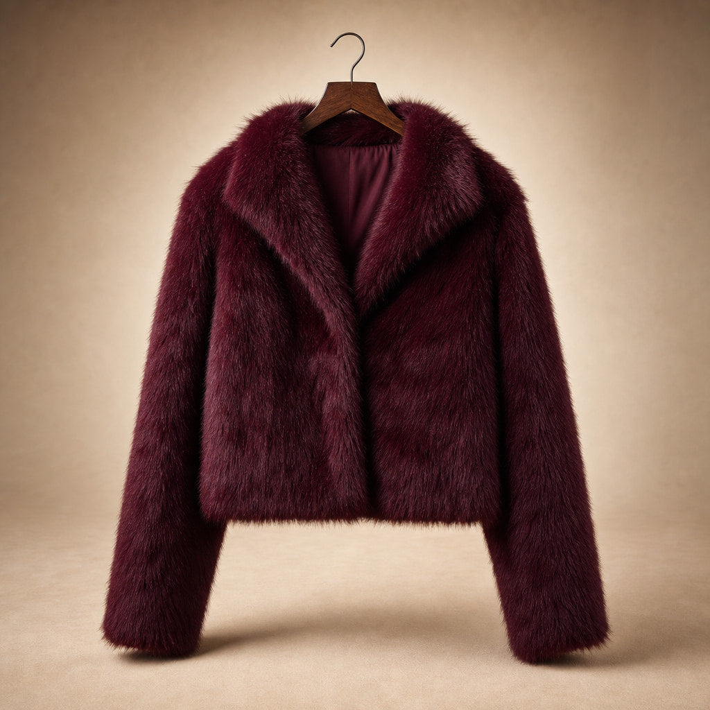 Faux Fur Short Coat Lapel Collar Wine Red Wine Red – Product Photo