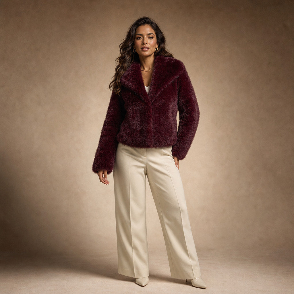 Faux Fur Short Coat Lapel Collar Wine Red in Wine Red – Mampierimoda Premium Womenswear