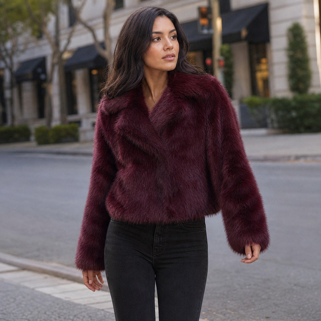 Faux Fur Short Coat Lapel Collar Wine Red Wine Red – Styled Editorial Shot