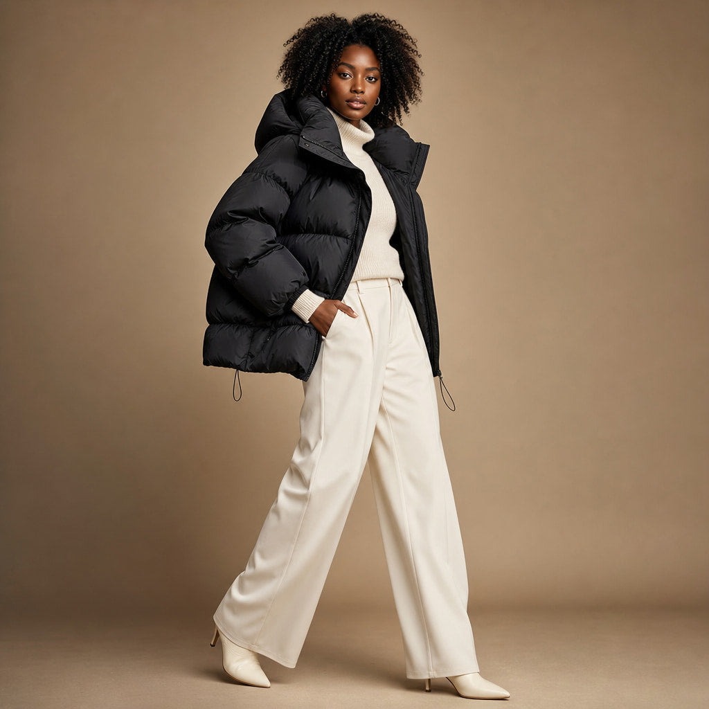 Padded Puffer Jacket Relaxed Fit Black – Side Angle View