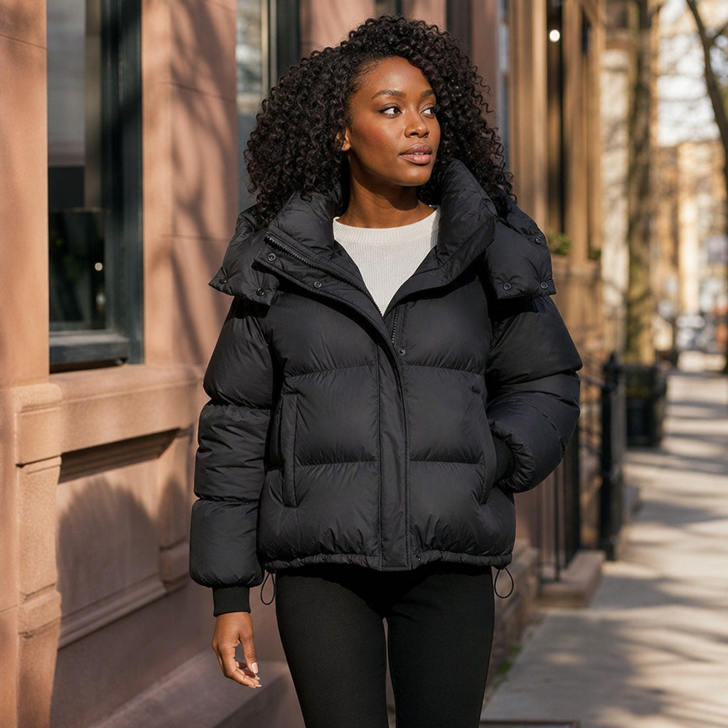 Padded Puffer Jacket Relaxed Fit Black – Styled Editorial Shot