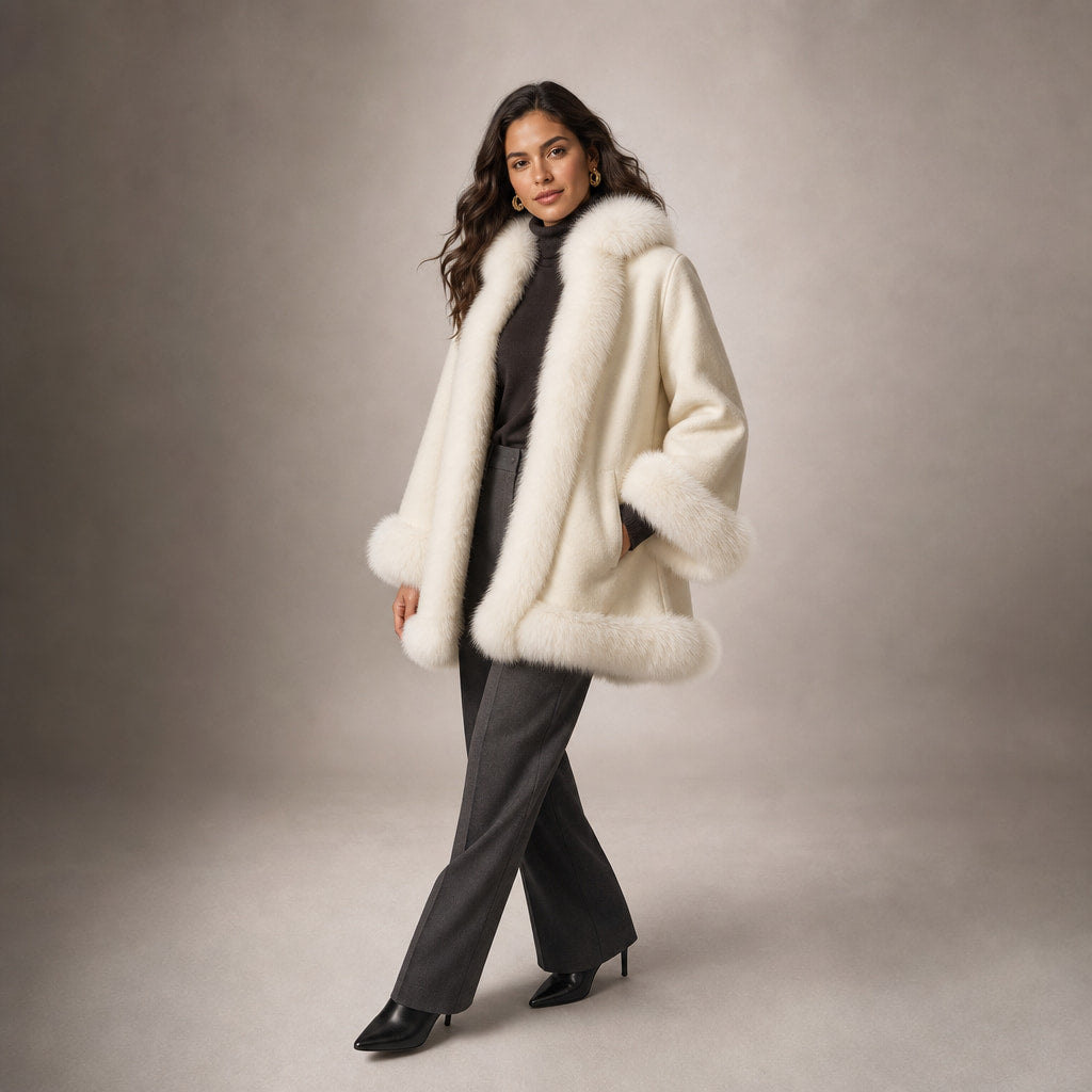 Donna Inverno Reversibile Mantello Giacchetta Mezza Lunghezza Maniche Ampie Beige – Side Angle View