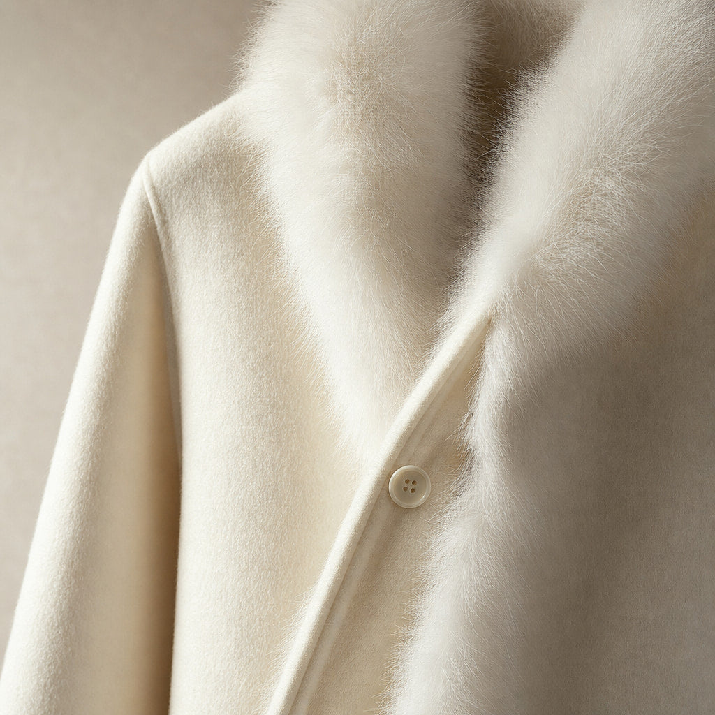 Donna Inverno Reversibile Mantello Giacchetta Mezza Lunghezza Maniche Ampie Beige – Fabric and Detail Close-Up