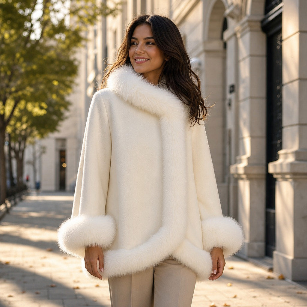 Donna Inverno Reversibile Mantello Giacchetta Mezza Lunghezza Maniche Ampie Beige – Styled Editorial Shot
