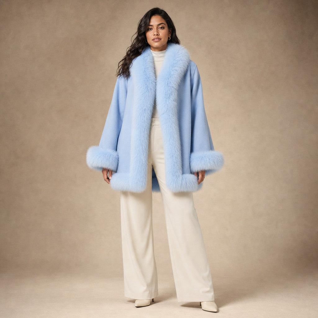 Donna Inverno Reversibile Mantello Giacchetta Mezza Lunghezza Maniche Ampie in Blu chiaro – Mampierimoda Premium Womenswear