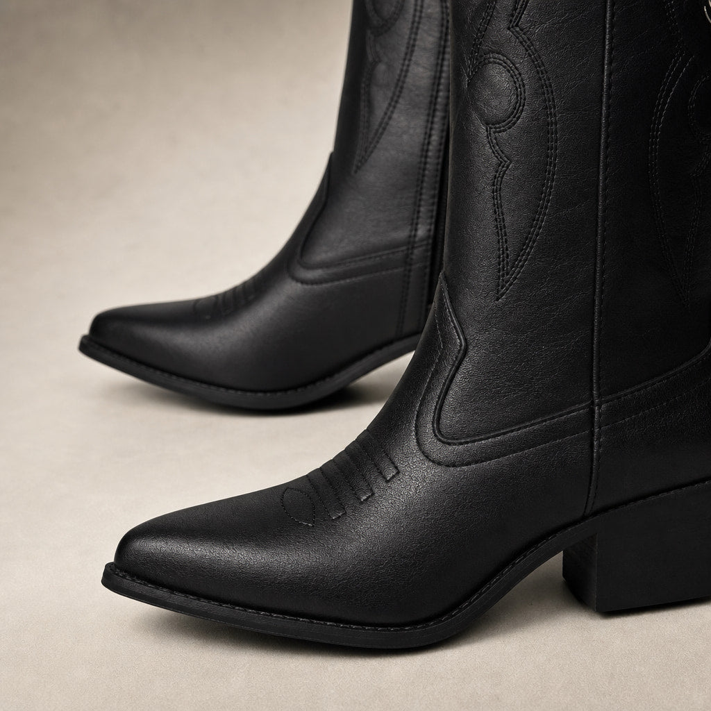 Dorotea Knee High Western Boots Black – Fabric and Detail Close-Up