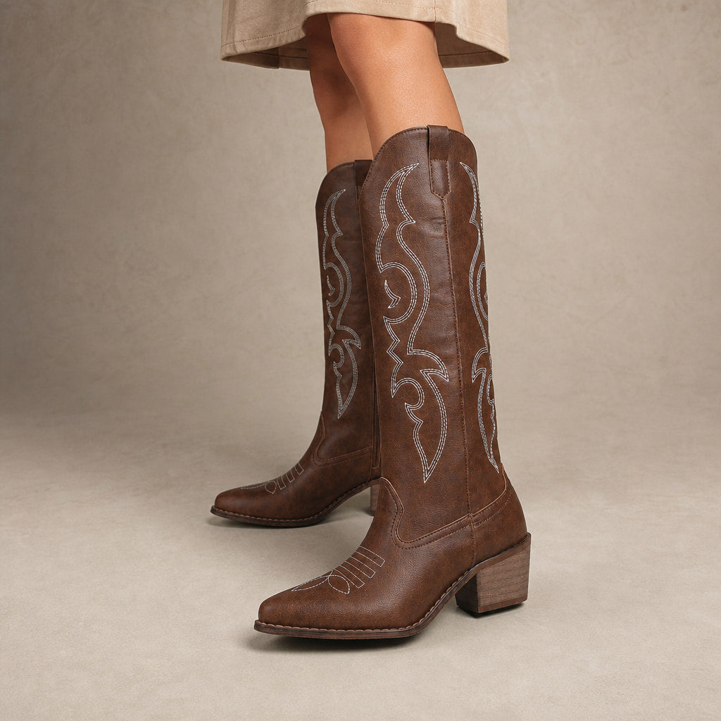 Dorotea Knee High Western Boots Brown – Product Photo