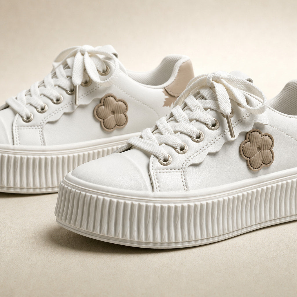 Beige Floral Applique Platform Lace up Sneakers Off White For Women White – Fabric and Detail Close-Up