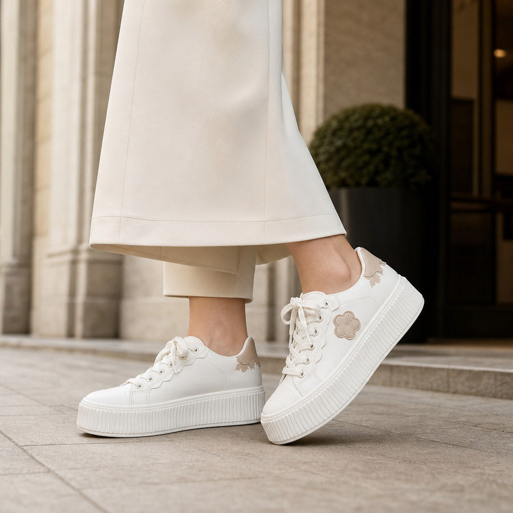 Beige Floral Applique Platform Lace up Sneakers Off White For Women White – Full Look