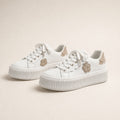 Beige Floral Applique Platform Lace up Sneakers Off White For Women White – Product Photo