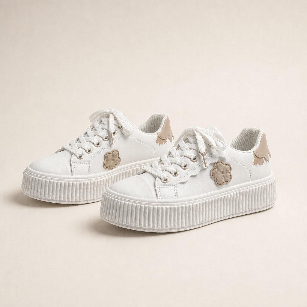 Beige Floral Applique Platform Lace up Sneakers Off White For Women White – Product Photo