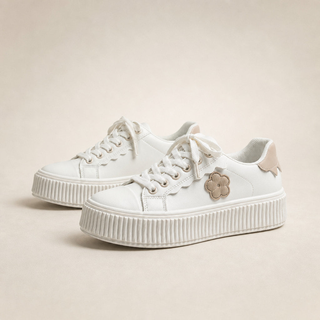 Beige Floral Applique Platform Lace up Sneakers Off White For Women in White – Mampierimoda Premium Womenswear