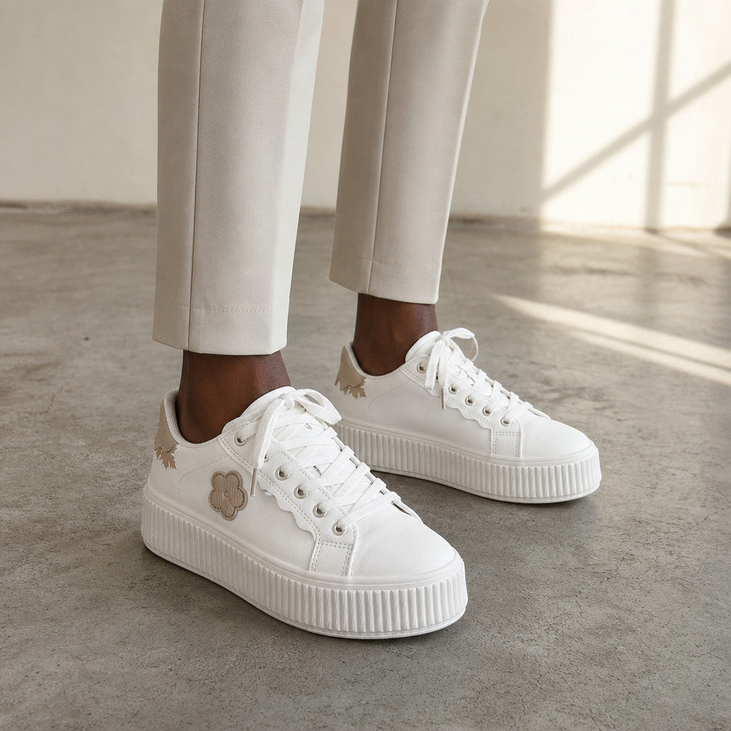 Beige Floral Applique Platform Lace up Sneakers Off White For Women White – Styled Editorial Shot, Detail