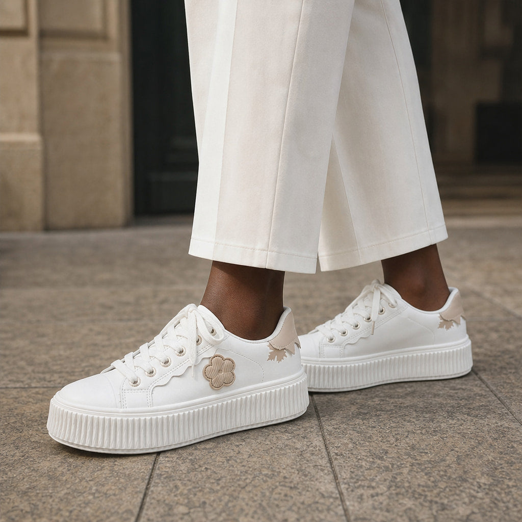 Beige Floral Applique Platform Lace up Sneakers Off White For Women White – Styled Editorial Shot