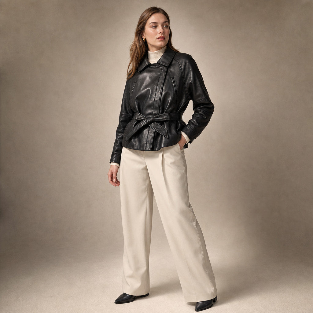 Belted Faux Leather Jacket For Women Black – Side Angle View