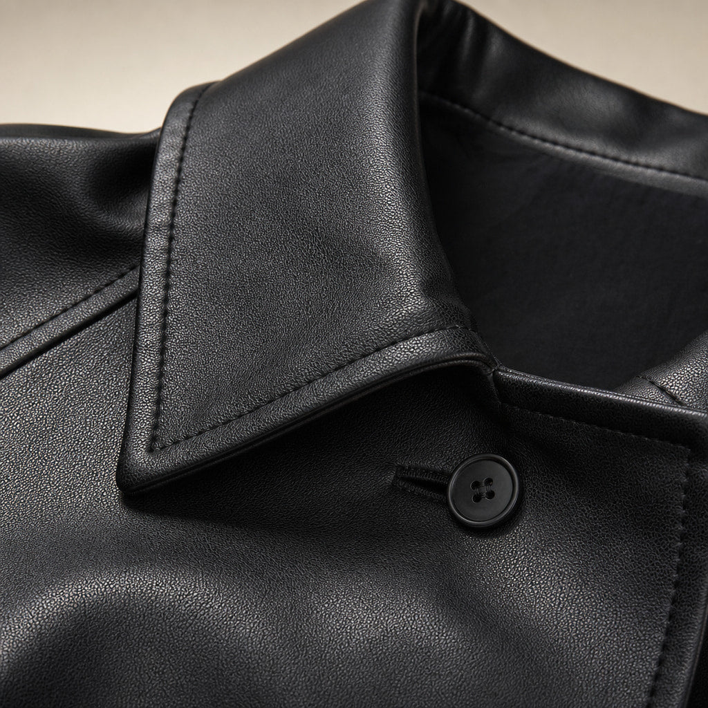 Belted Faux Leather Jacket For Women Black – Fabric and Detail Close-Up