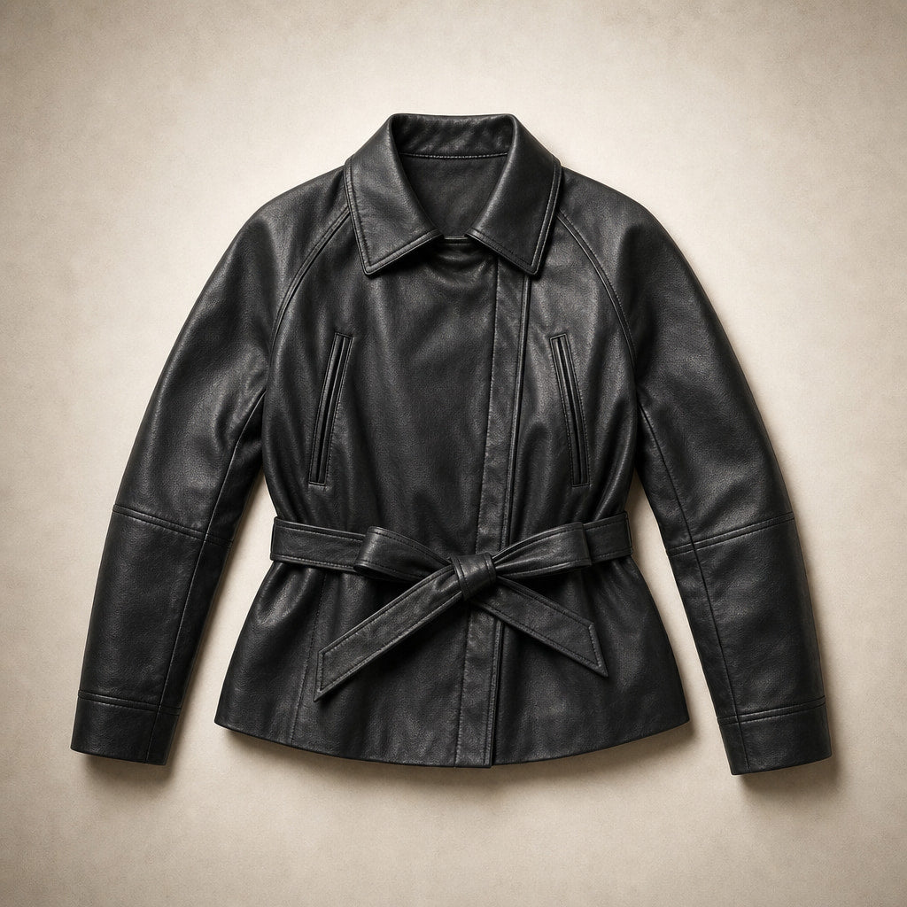 Belted Faux Leather Jacket For Women Black – Flat Lay Product Photo