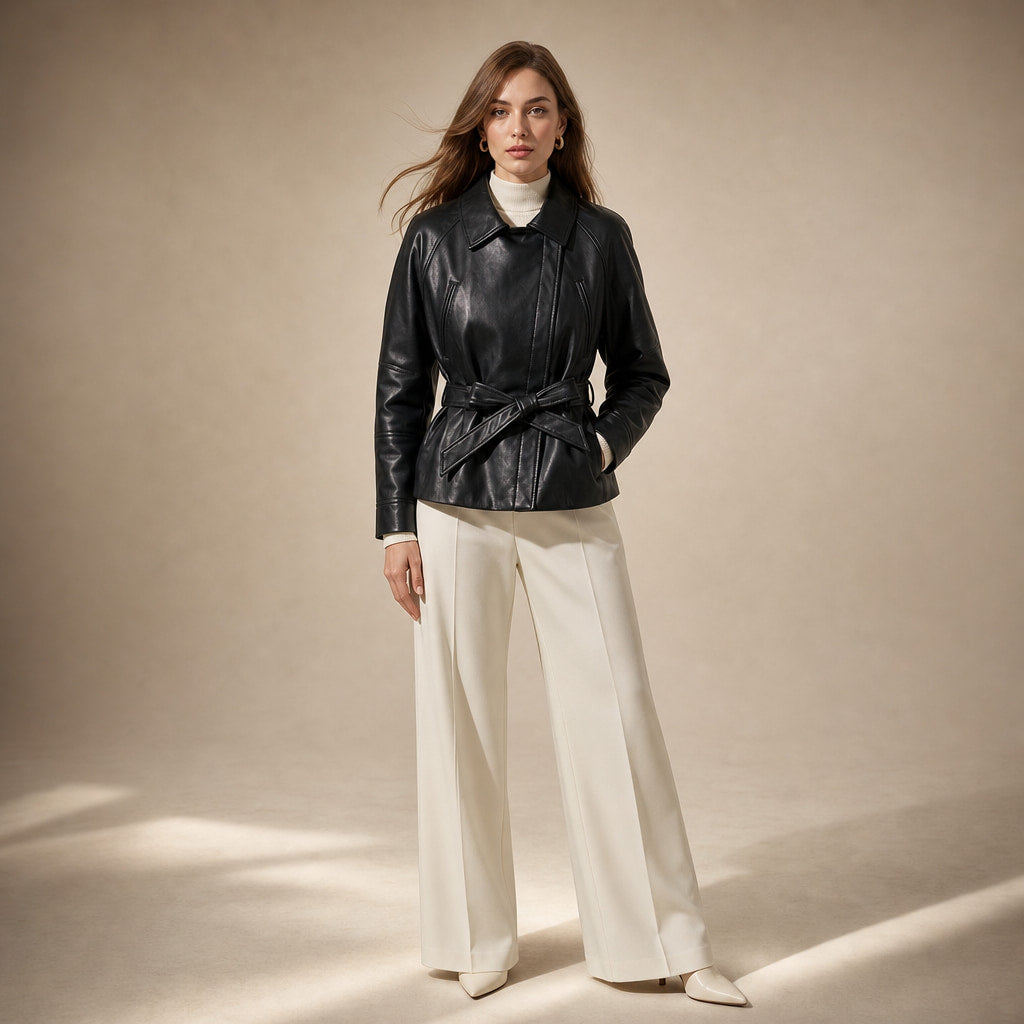 Belted Faux Leather Jacket For Women Black – Full Look