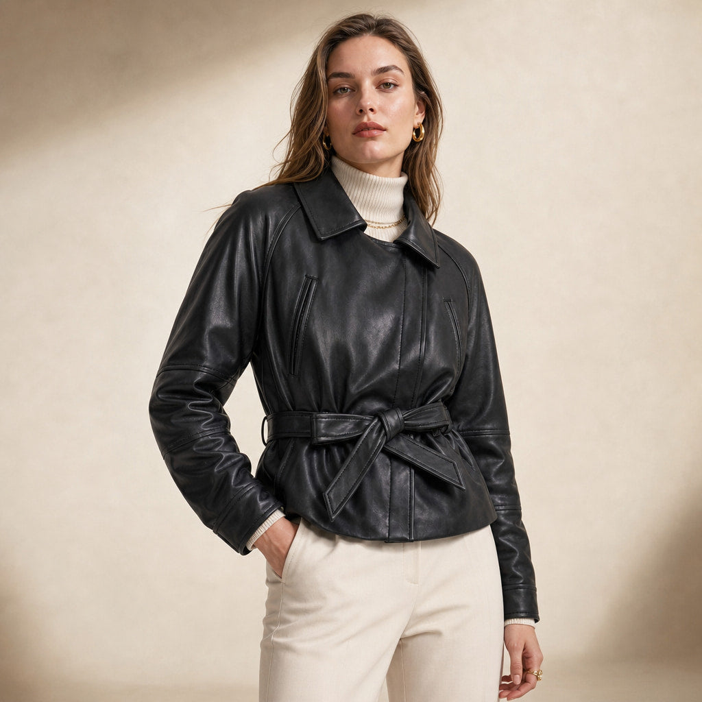 Belted Faux Leather Jacket For Women Black – Product Photo