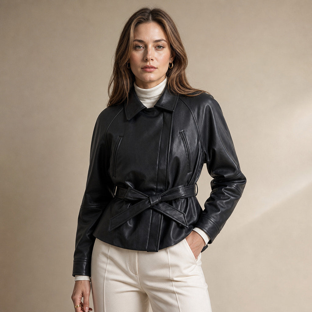 Belted Faux Leather Jacket For Women in Black – Mampierimoda Premium Womenswear