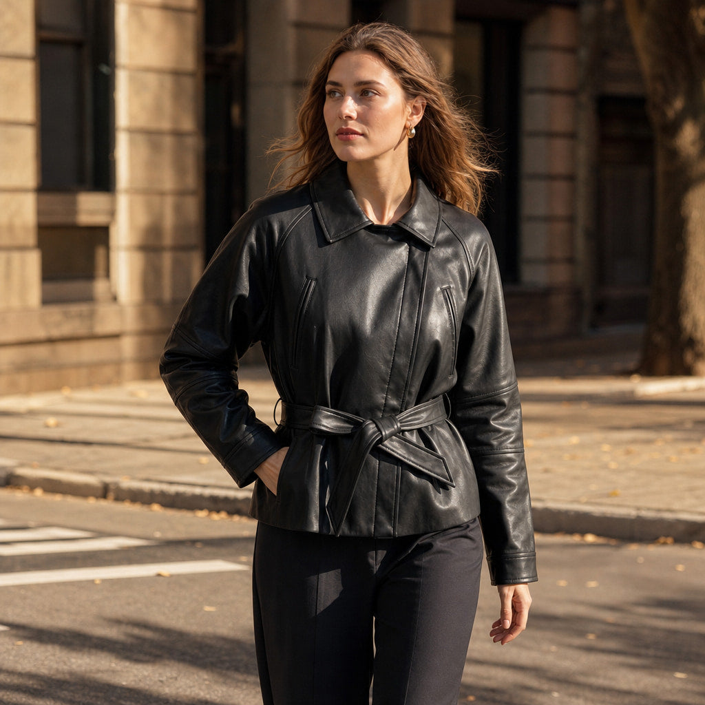 Belted Faux Leather Jacket For Women Black – Styled Editorial Shot