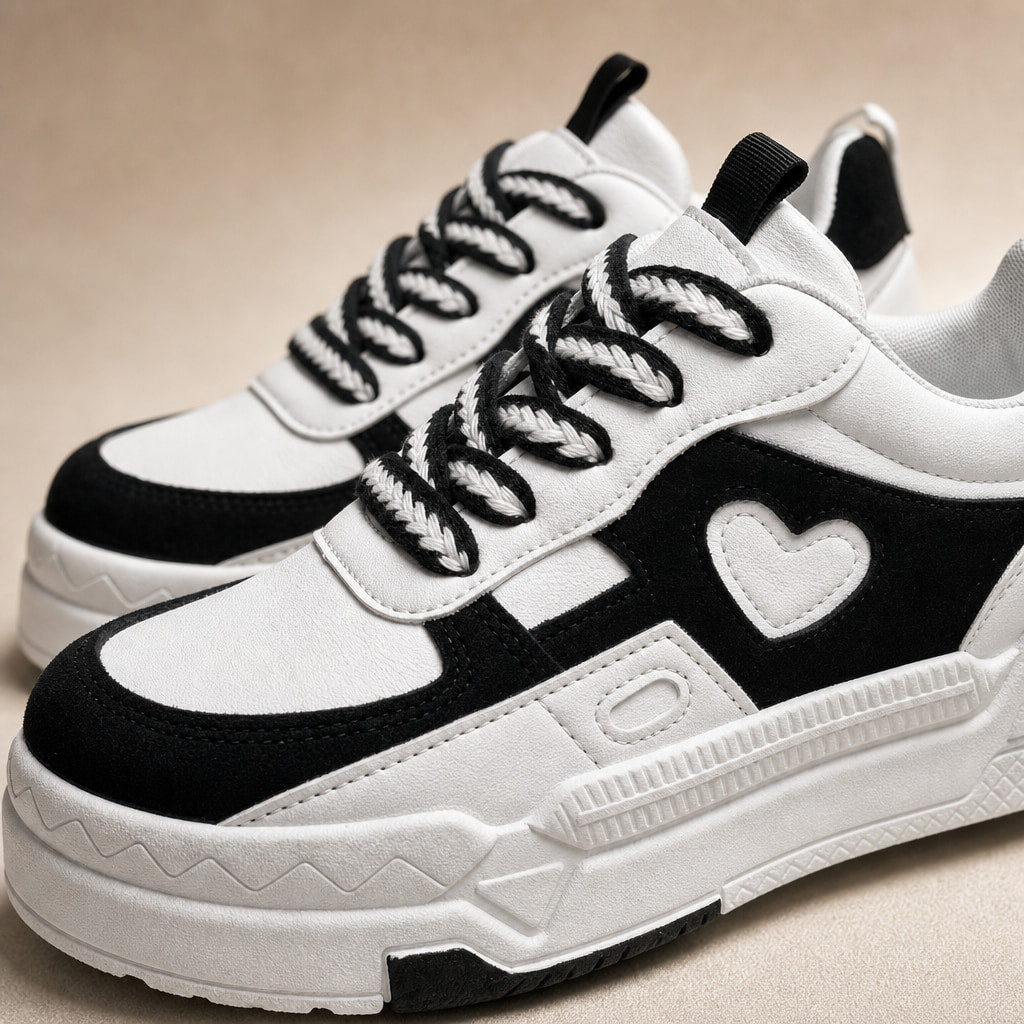 Black and White Chunky Heart-applique Sneakers For Women White – Fabric and Detail Close-Up