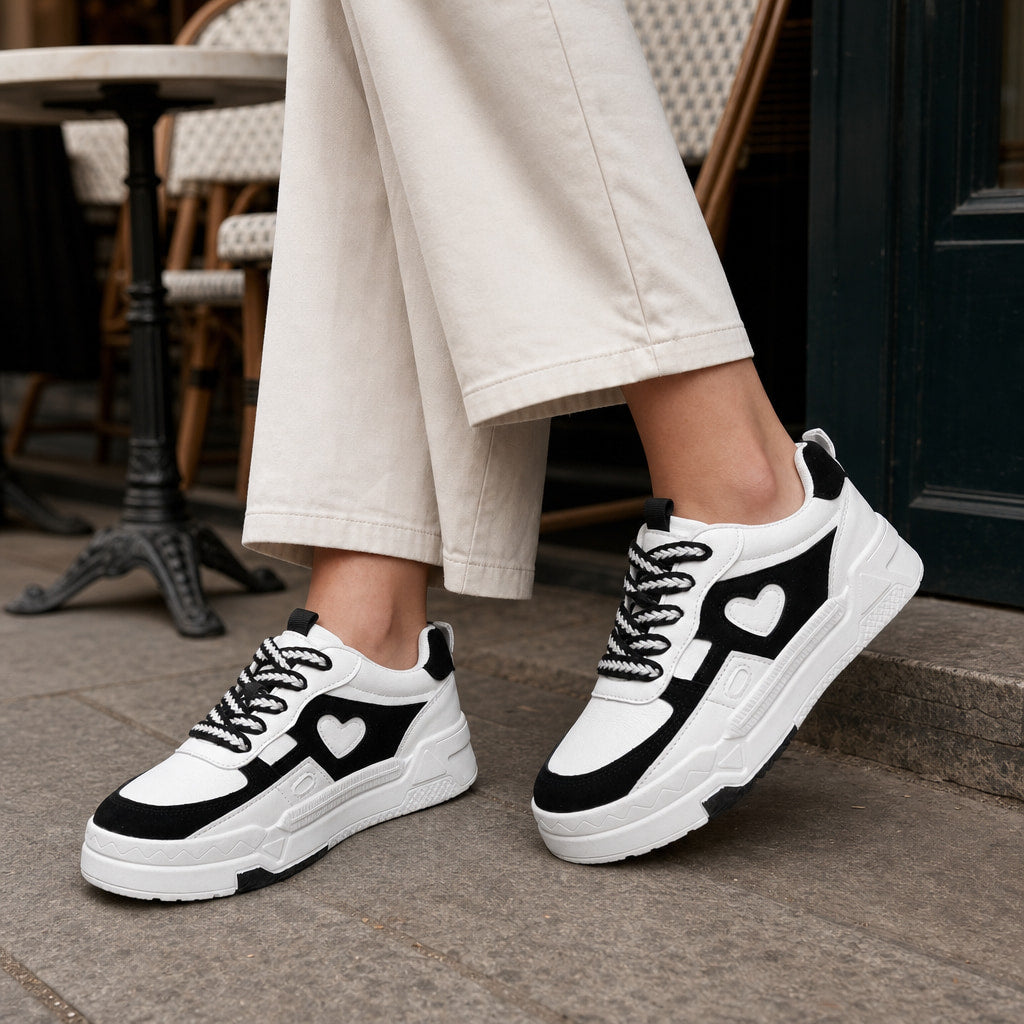 Black and White Chunky Heart-applique Sneakers For Women White – Full Look