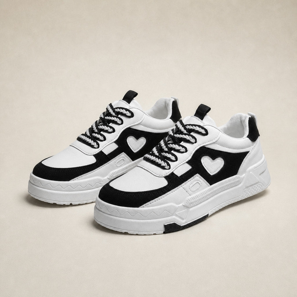 Black and White Chunky Heart-applique Sneakers For Women White – Product Photo