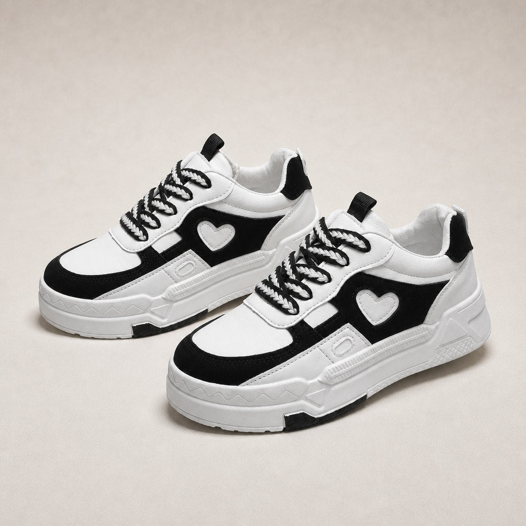Black and White Chunky Heart-applique Sneakers For Women in White – Mampierimoda Premium Womenswear