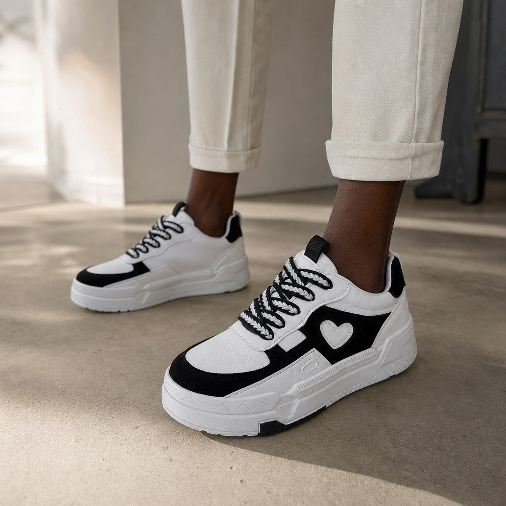 Black and White Chunky Heart-applique Sneakers For Women White – Styled Editorial Shot, Detail