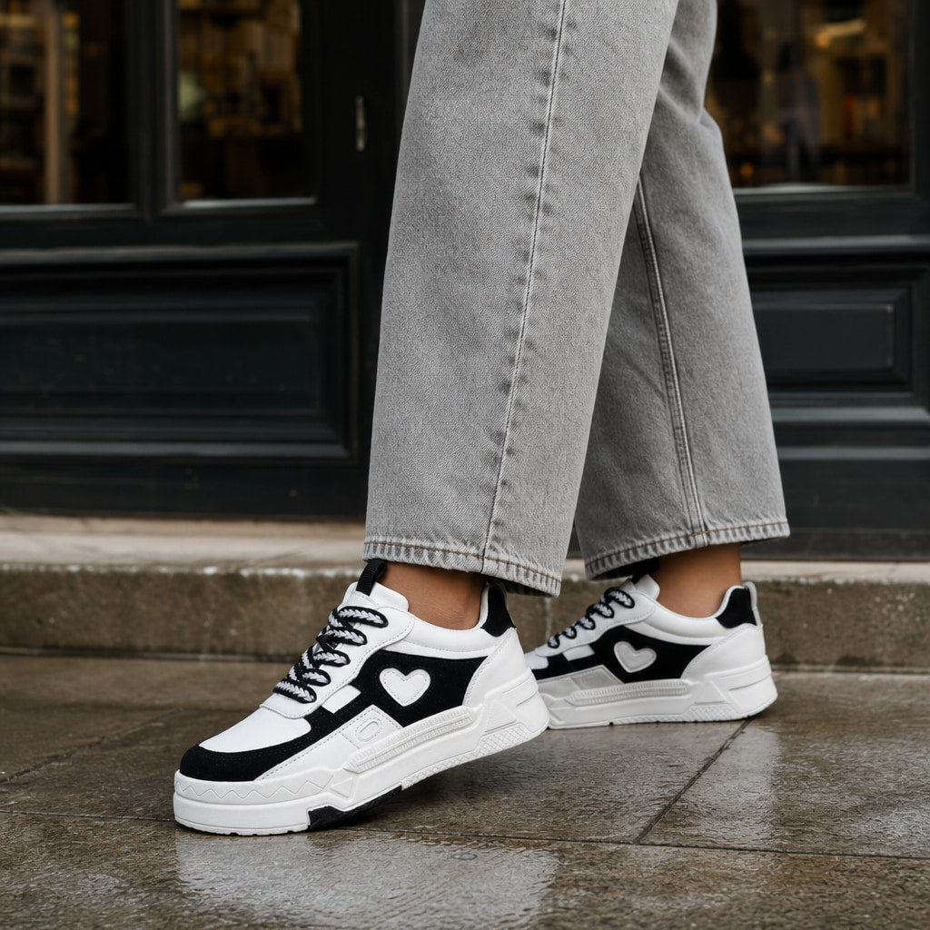 Black and White Chunky Heart-applique Sneakers For Women White – Styled Editorial Shot