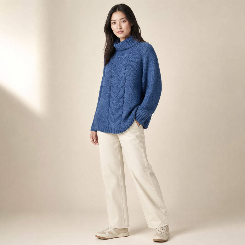 Cable Knit Sweater For Women Blue – Side Angle View
