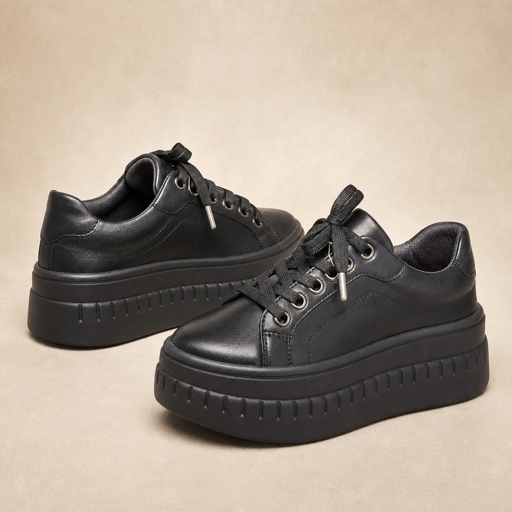Chunky Platform Lace-up Sneakers with Ridged Sole For Women Black – Product Photo