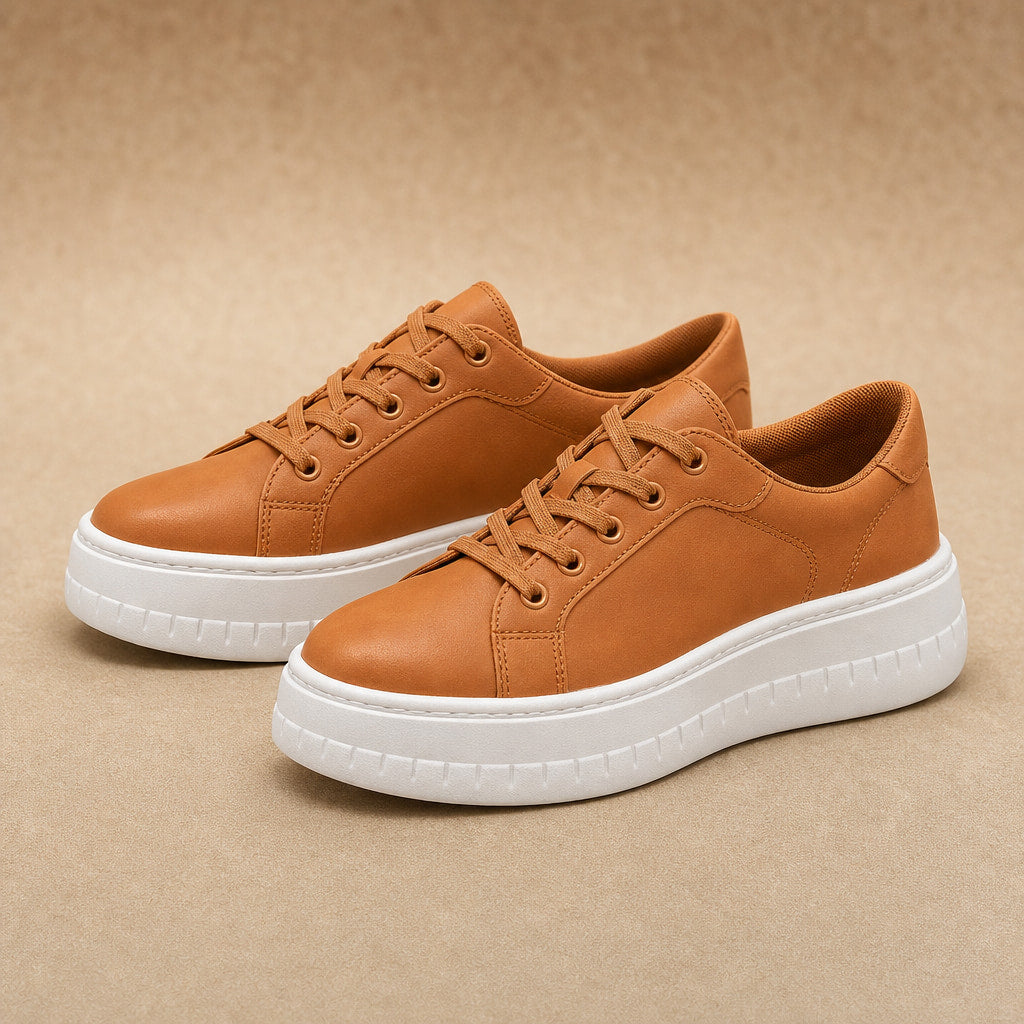 Chunky Platform Lace-up Sneakers with Ridged Sole For Women Brown – Product Photo