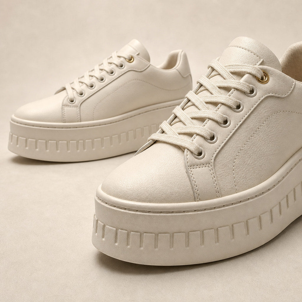 Chunky Platform Lace-up Sneakers with Ridged Sole For Women Cream – Fabric and Detail Close-Up