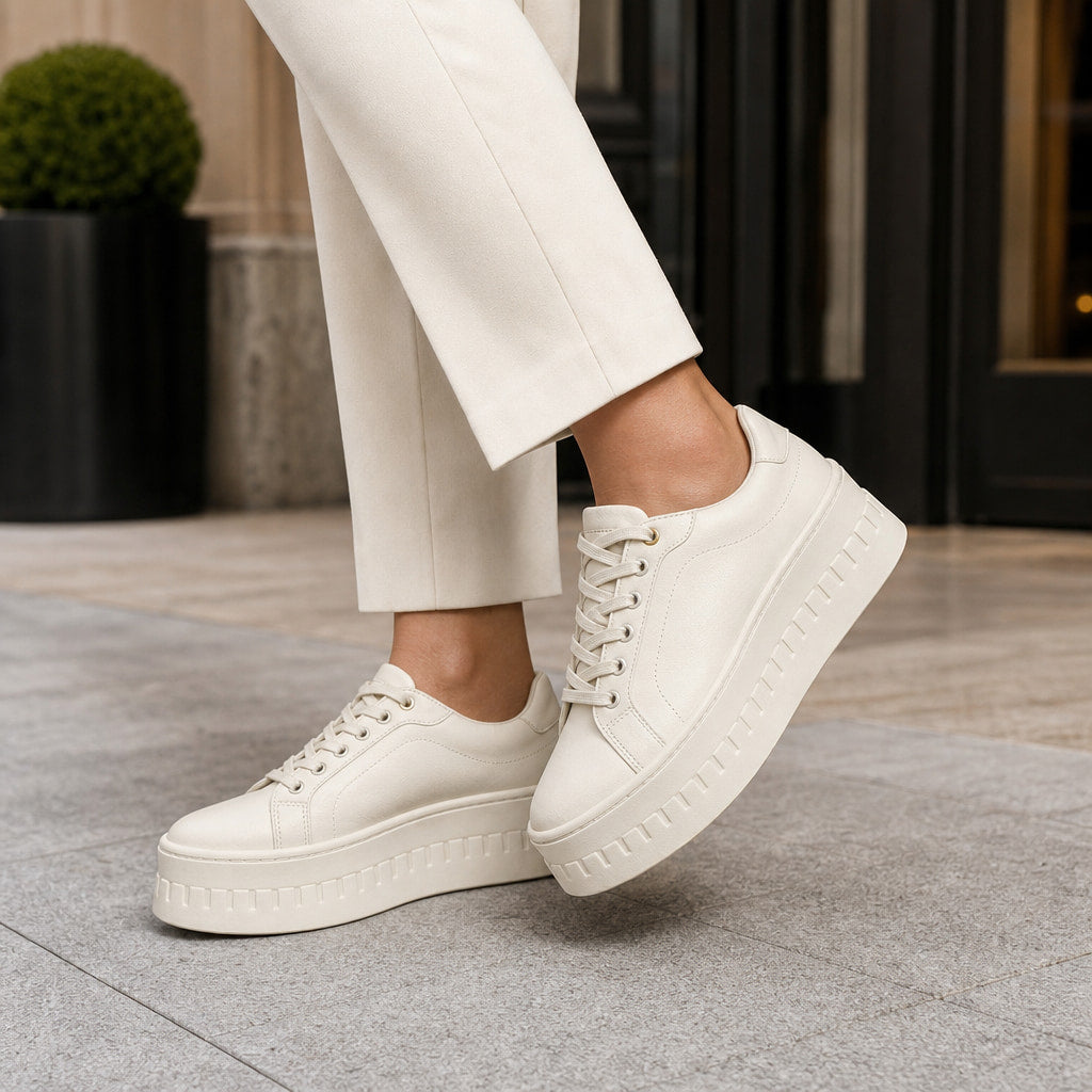 Chunky Platform Lace-up Sneakers with Ridged Sole For Women Cream – Full Look