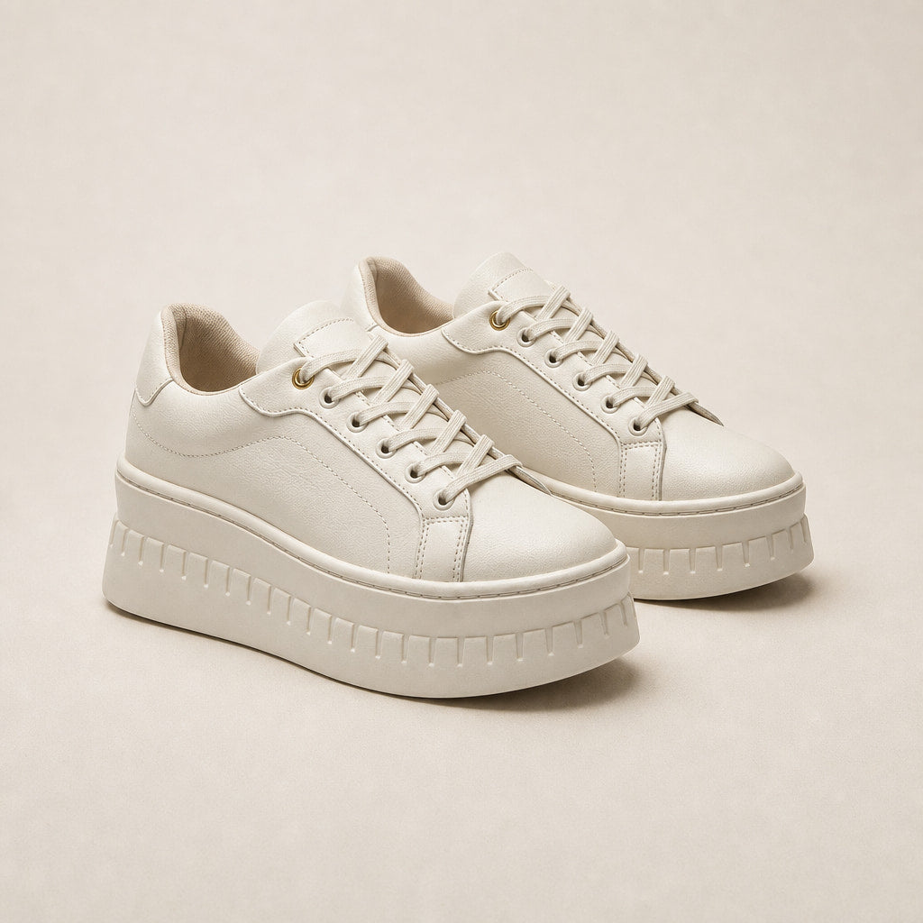 Chunky Platform Lace-up Sneakers with Ridged Sole For Women Cream – Product Photo