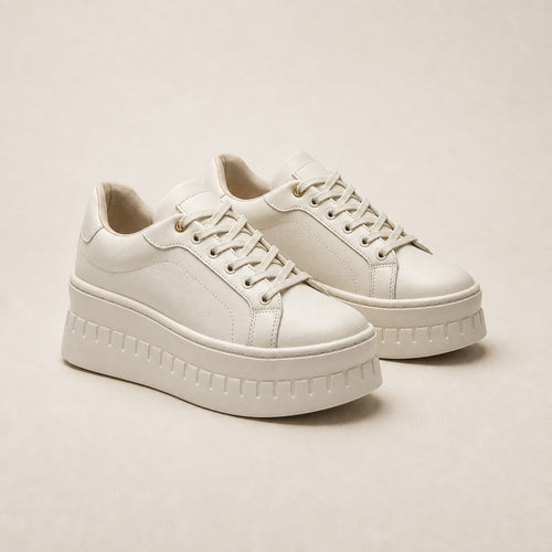 Chunky Platform Lace-up Sneakers with Ridged Sole For Women Cream – Product Photo