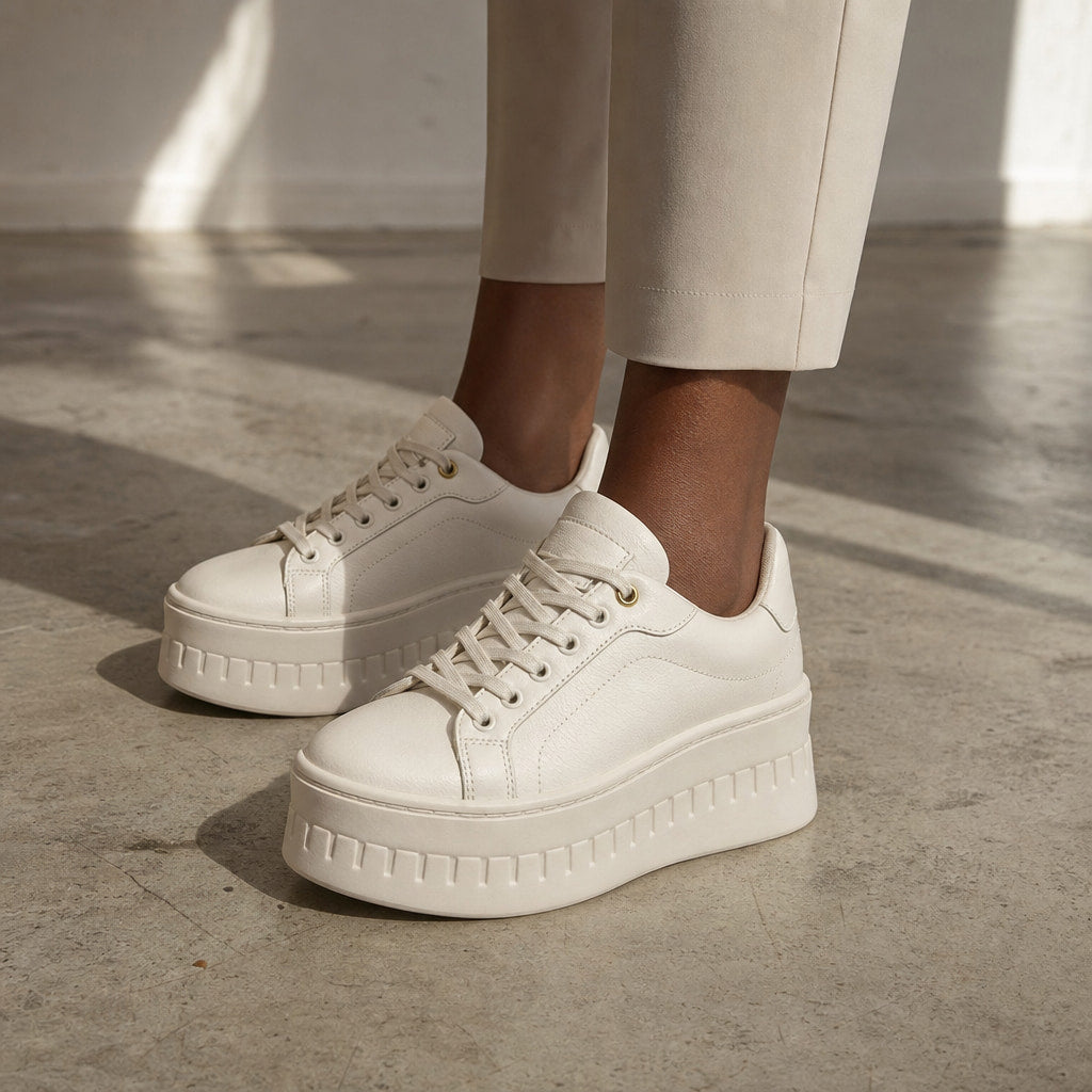 Chunky Platform Lace-up Sneakers with Ridged Sole For Women Cream – Styled Editorial Shot, Detail
