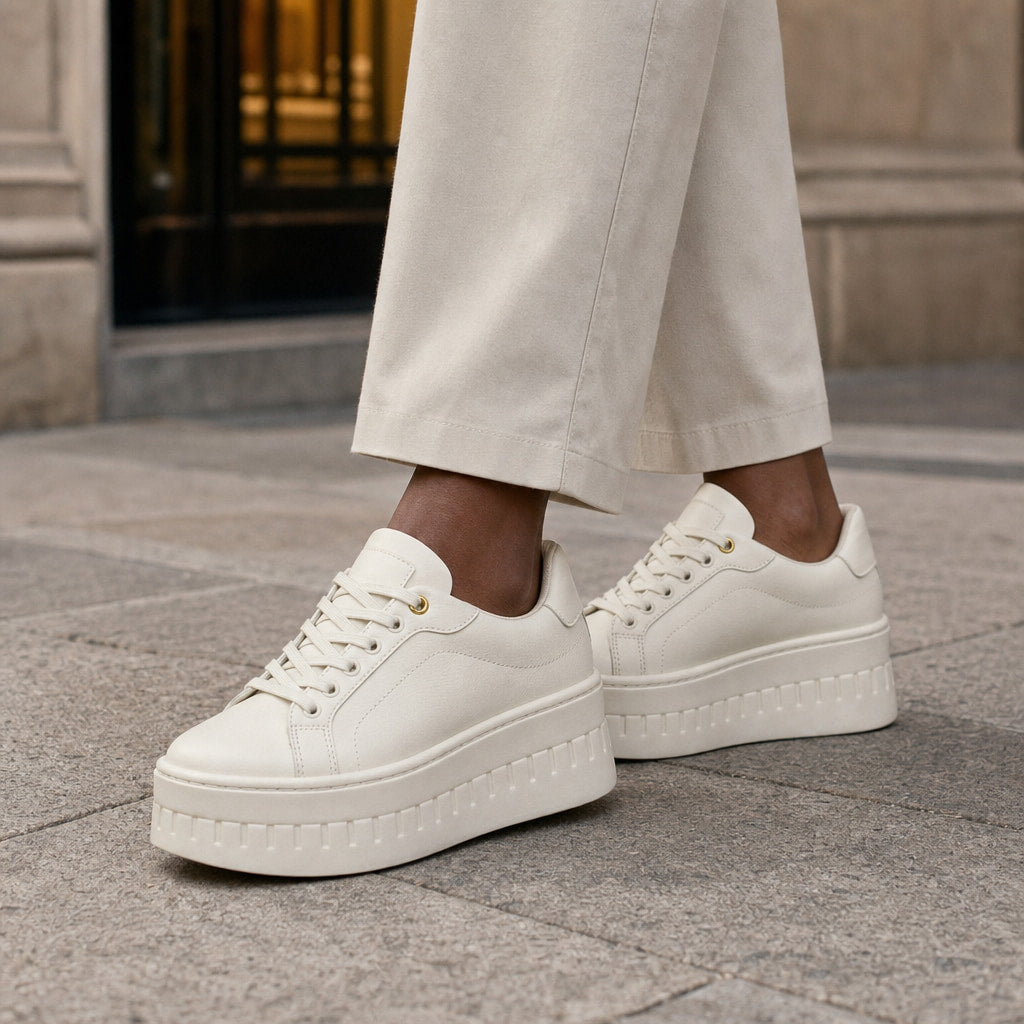 Chunky Platform Lace-up Sneakers with Ridged Sole For Women Cream – Styled Editorial Shot