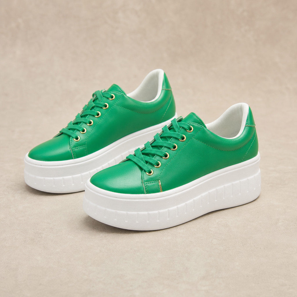 Chunky Platform Lace-up Sneakers with Ridged Sole For Women Green – Product Photo