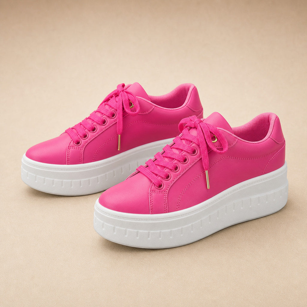 Chunky Platform Lace-up Sneakers with Ridged Sole For Women Pink – Product Photo