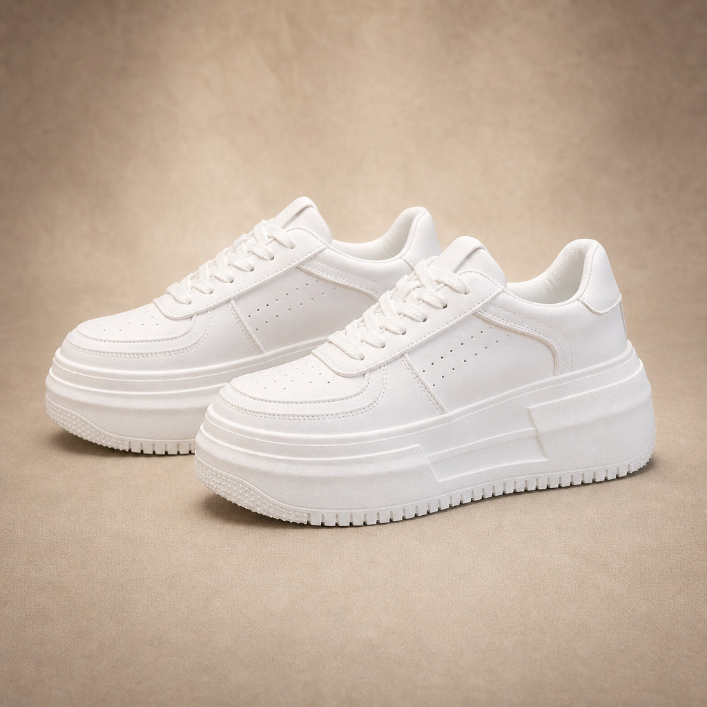 Chunky Platform Lace-up Sneakers with Ridged Sole For Women White – Product Photo