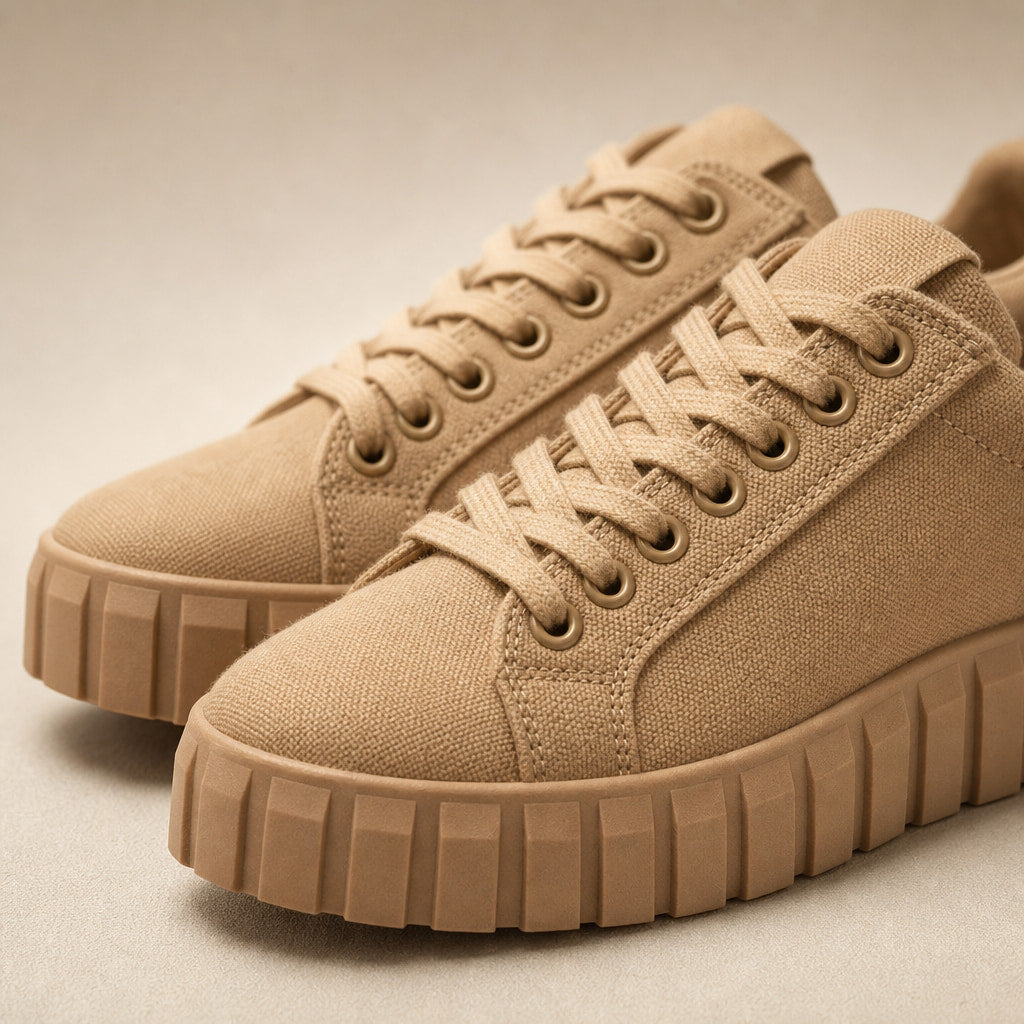 Chunky Platform Low-Top Canvas Sneakers For Women Khaki – Fabric and Detail Close-Up