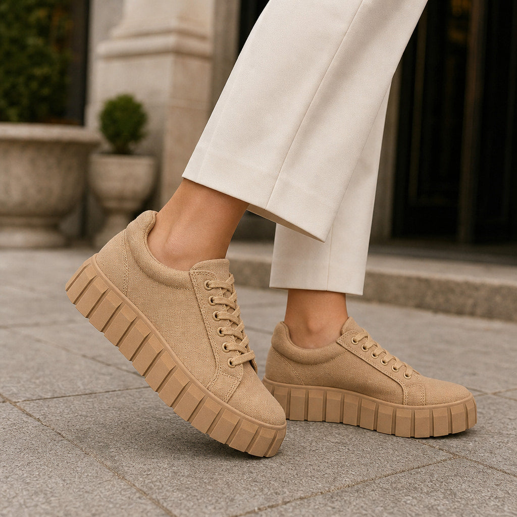 Chunky Platform Low-Top Canvas Sneakers For Women Khaki – Full Look