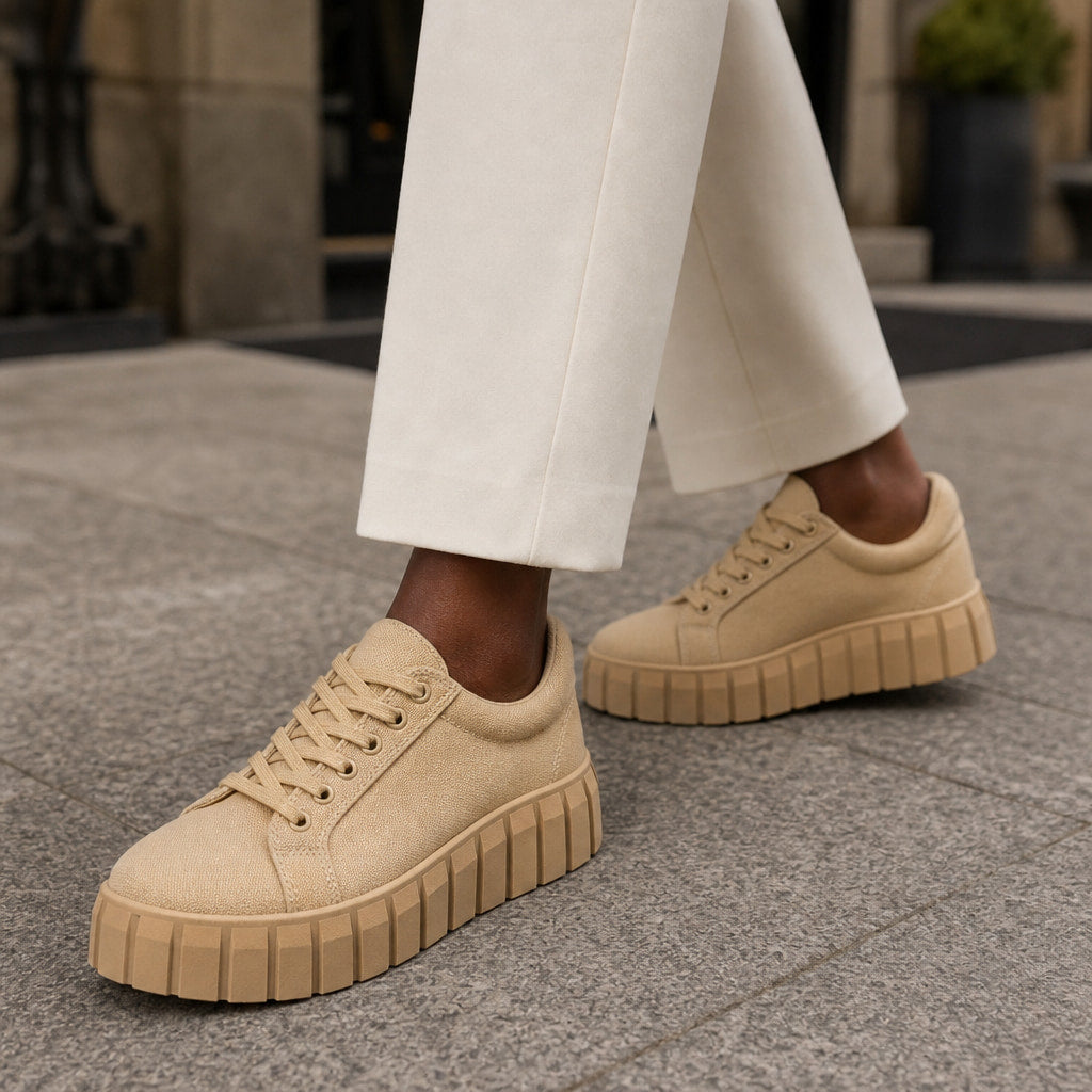 Chunky Platform Low-Top Canvas Sneakers For Women Khaki – Styled Editorial Shot
