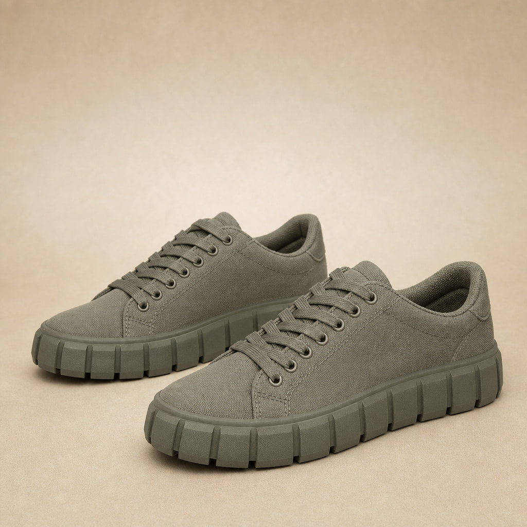 Chunky Platform Low-Top Canvas Sneakers For Women Olive Green – Product Photo