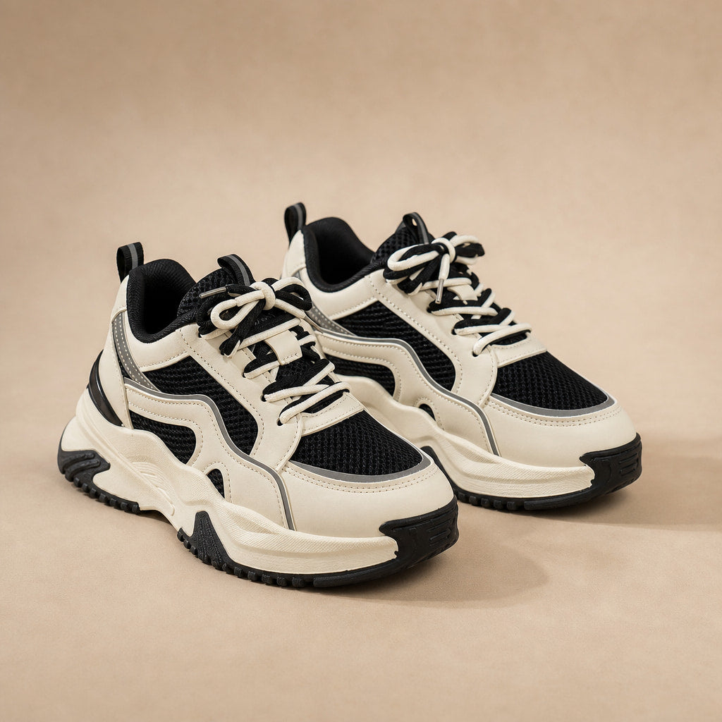 Chunky Platform Panel Lace-up Sneakers For Women Black – Product Photo